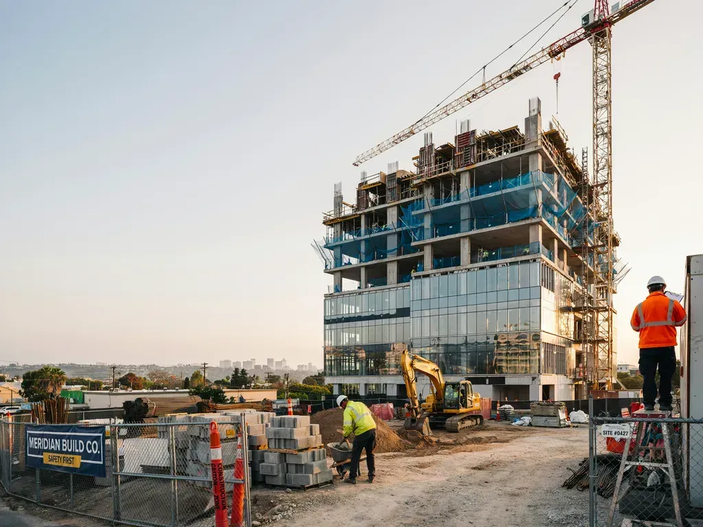 Construction site with workers, crane, and a partially built glass building at sunset