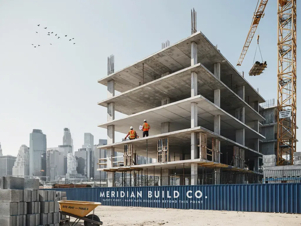 Construction site with a concrete building frame, workers, crane, and city skyline in the background