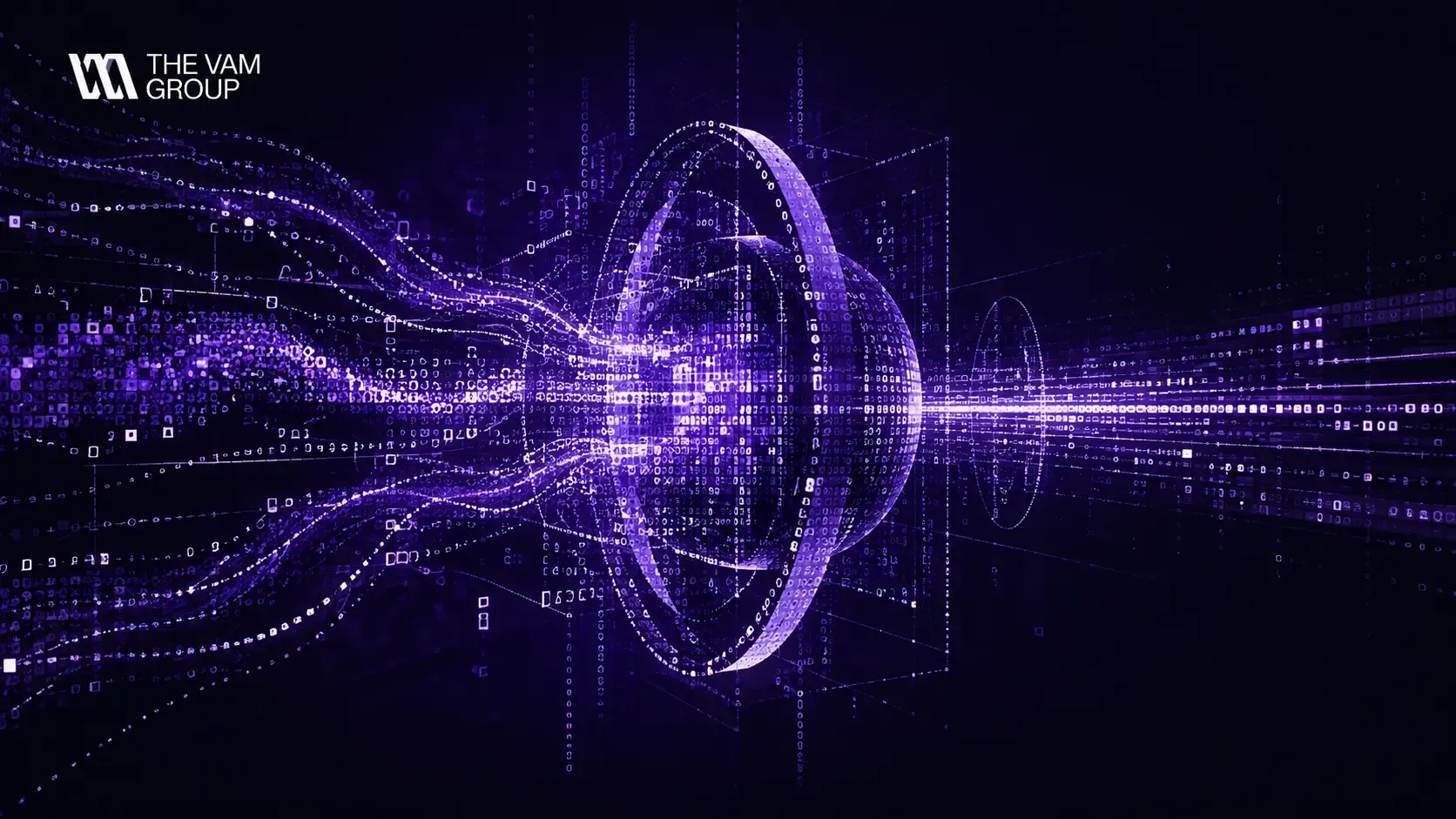 Purple glowing digital waveform and particle data stream forming a central ring on a dark background