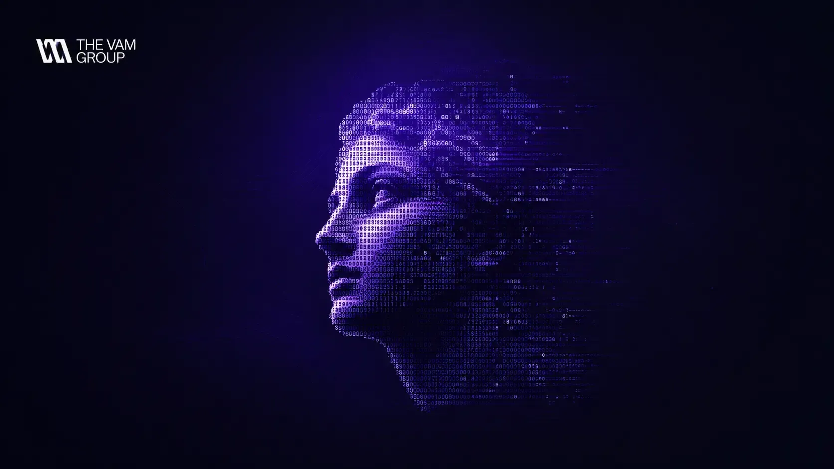 Purple digital profile of a human face against a dark background with glowing particle effects