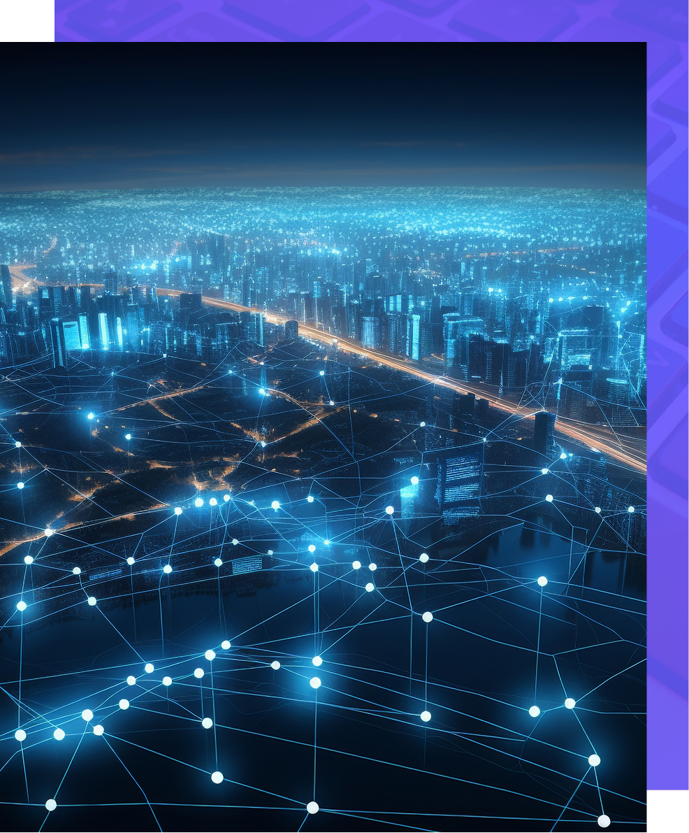 Blue futuristic cityscape at night with glowing network nodes and lights across a sprawling skyline