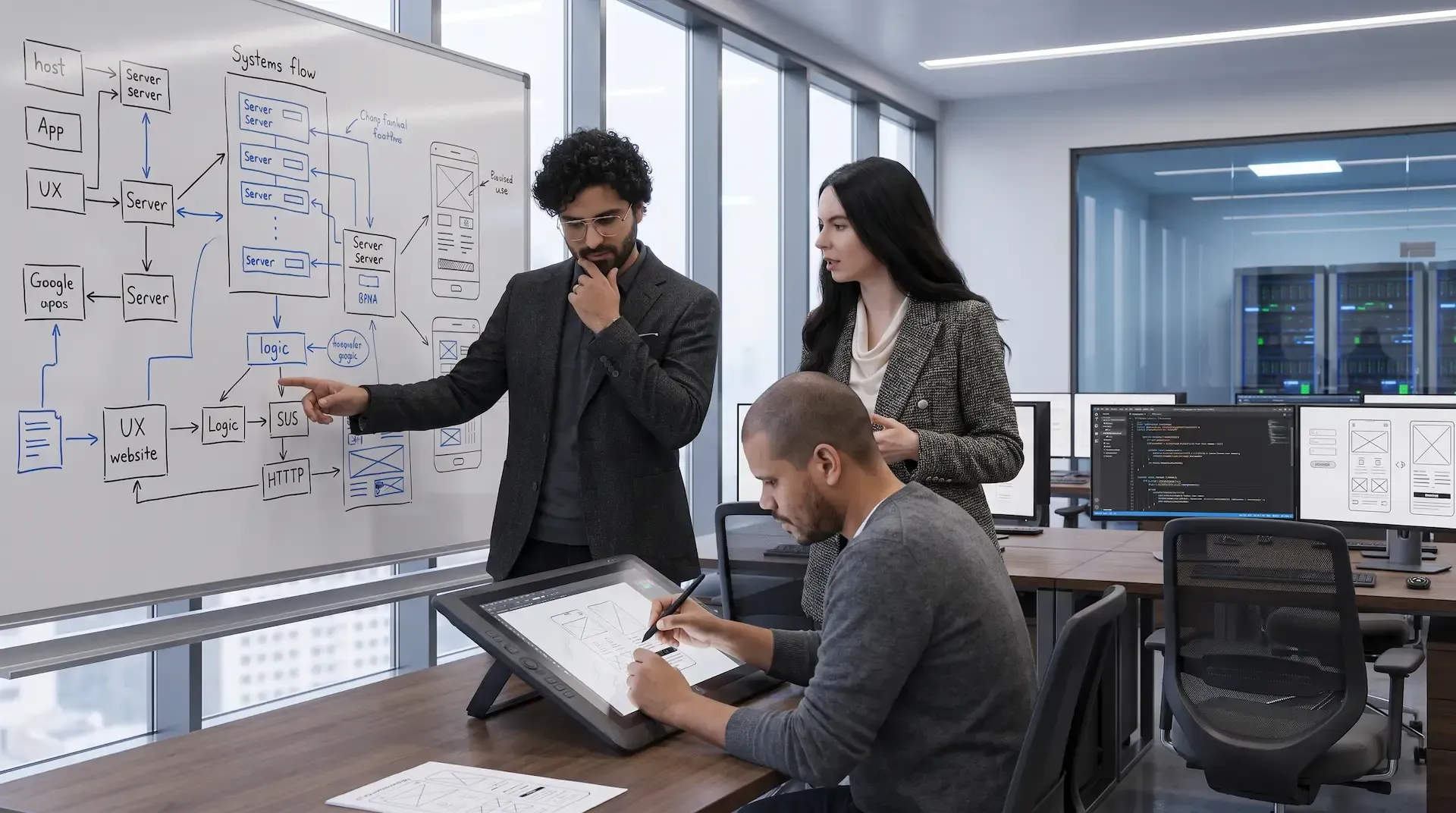Three people collaborating over a laptop in an office.