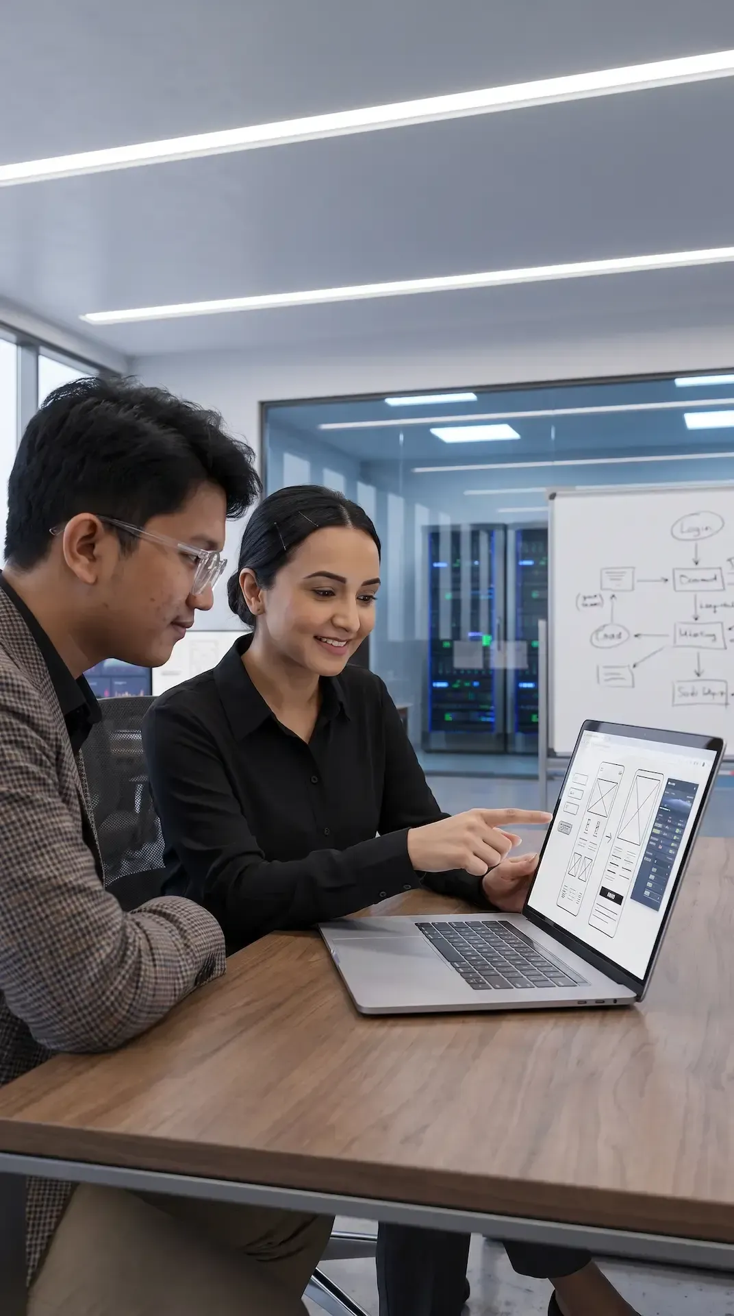 Four people collaborate around laptops in an office, smiling and pointing at the screens.