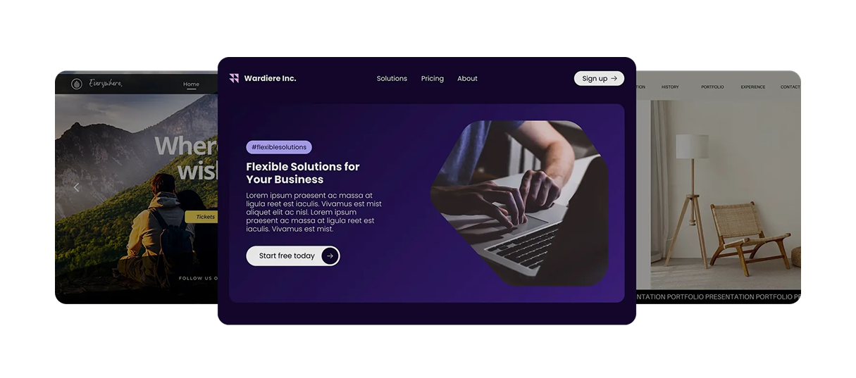Web design mockups: travel site, software platform, and interior design.