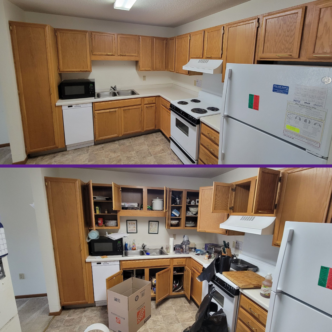 A before and after photo of a kitchen with wooden cabinets and a white refrigerator