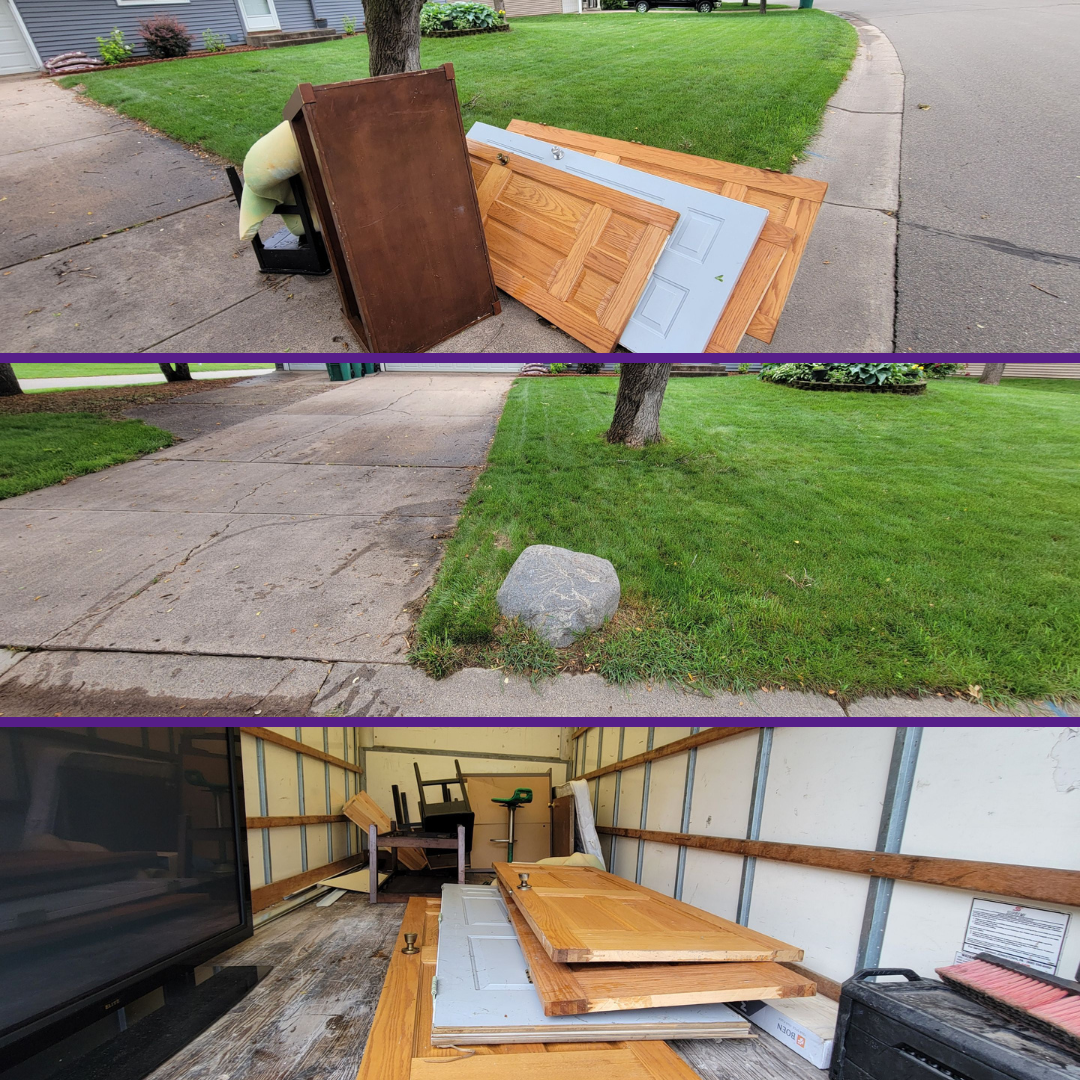 A collage of three pictures shows a wooden table sitting on the sidewalk next to a lawn.