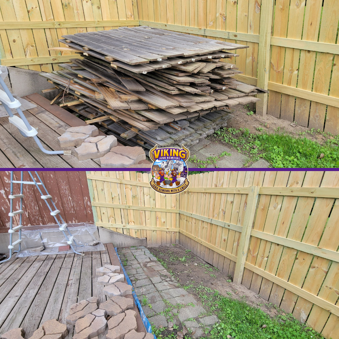 A before and after picture of a wooden fence and a pile of wood.
