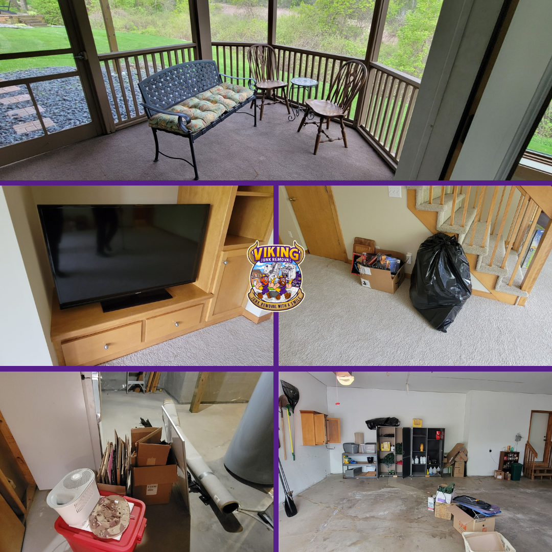 A collage of four pictures of a screened in porch