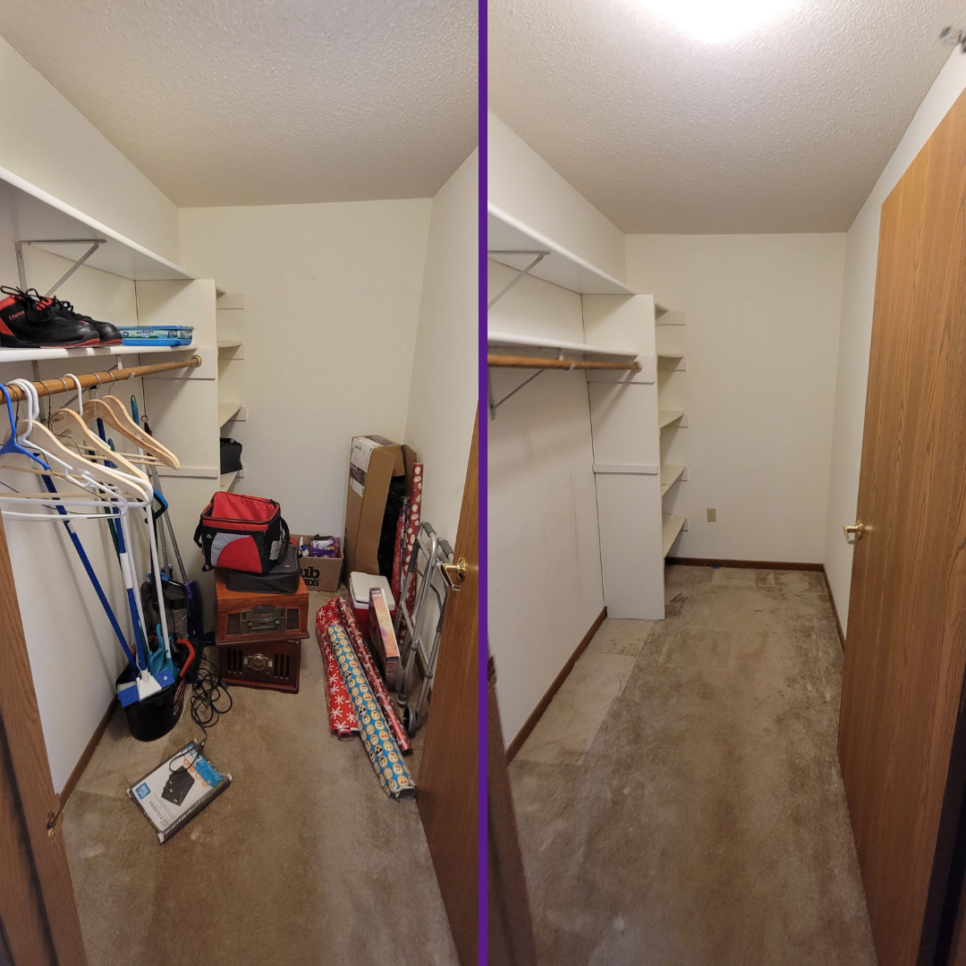 Two pictures of a closet with a purple border
