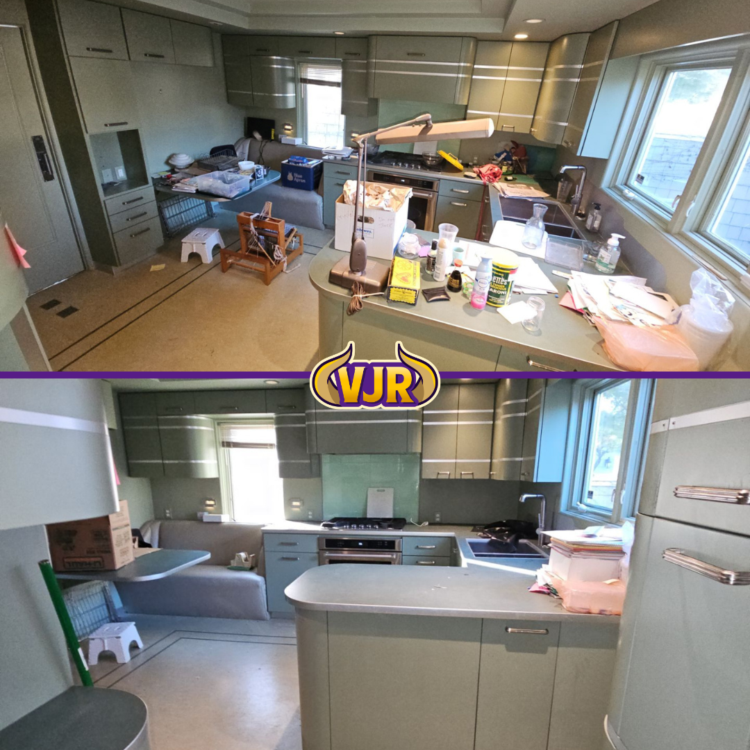 A before and after photo of a kitchen with vjr written on the bottom.