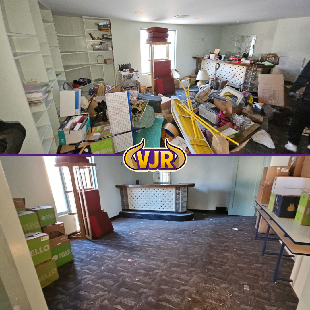 A before and after photo of a messy room with a vjr logo