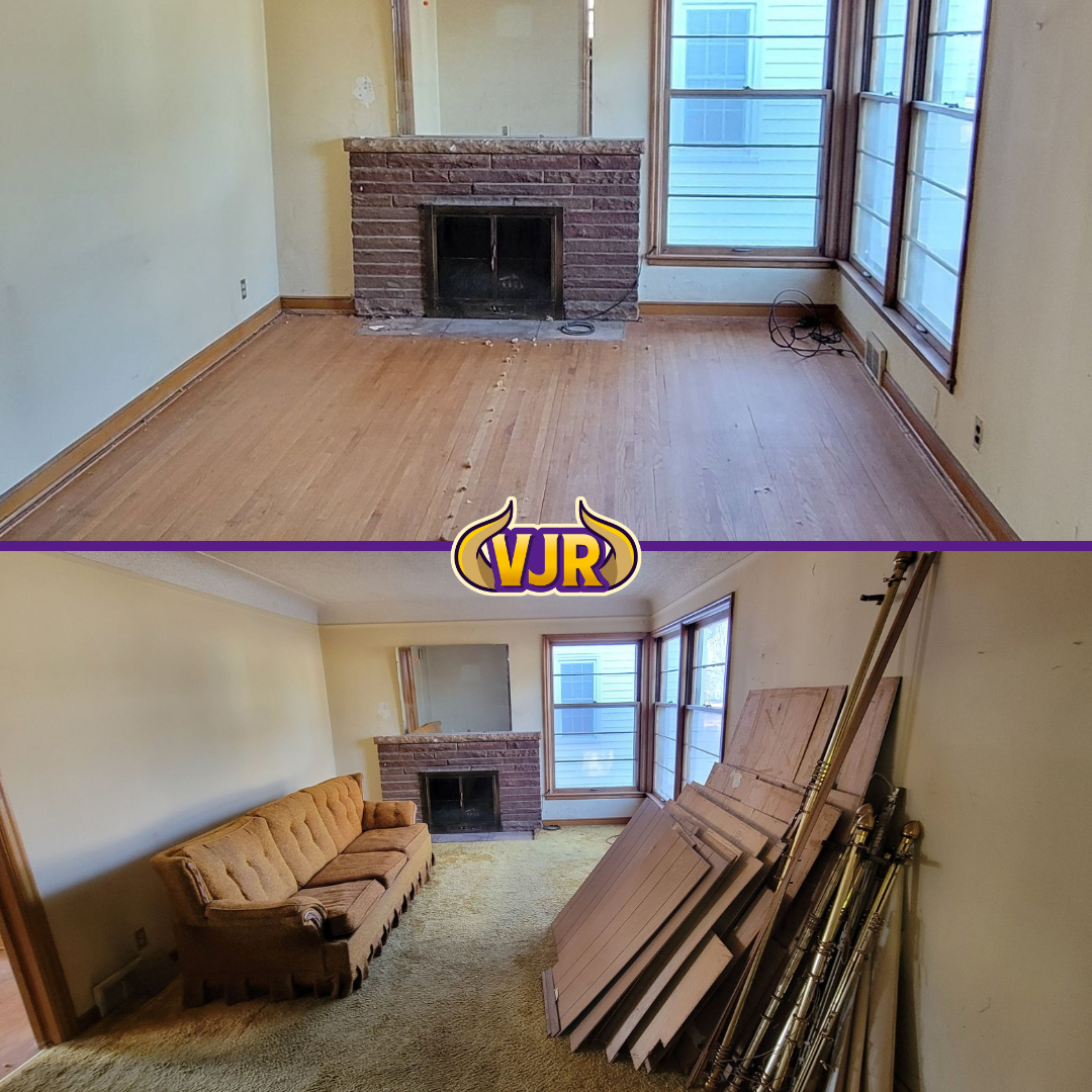A before and after photo of a living room with a fireplace
