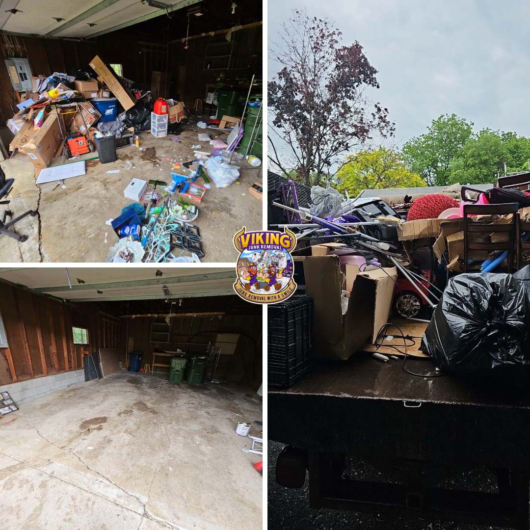 A collage of three pictures of a garage filled with garbage.