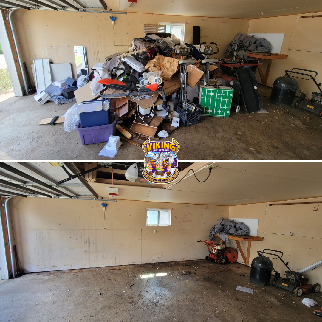 A before and after photo of a messy garage.