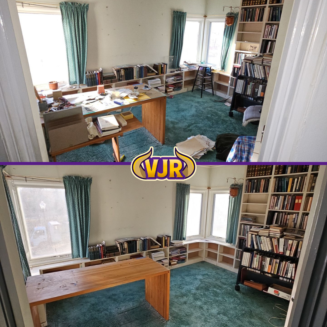 A before and after photo of a room with a vjr logo