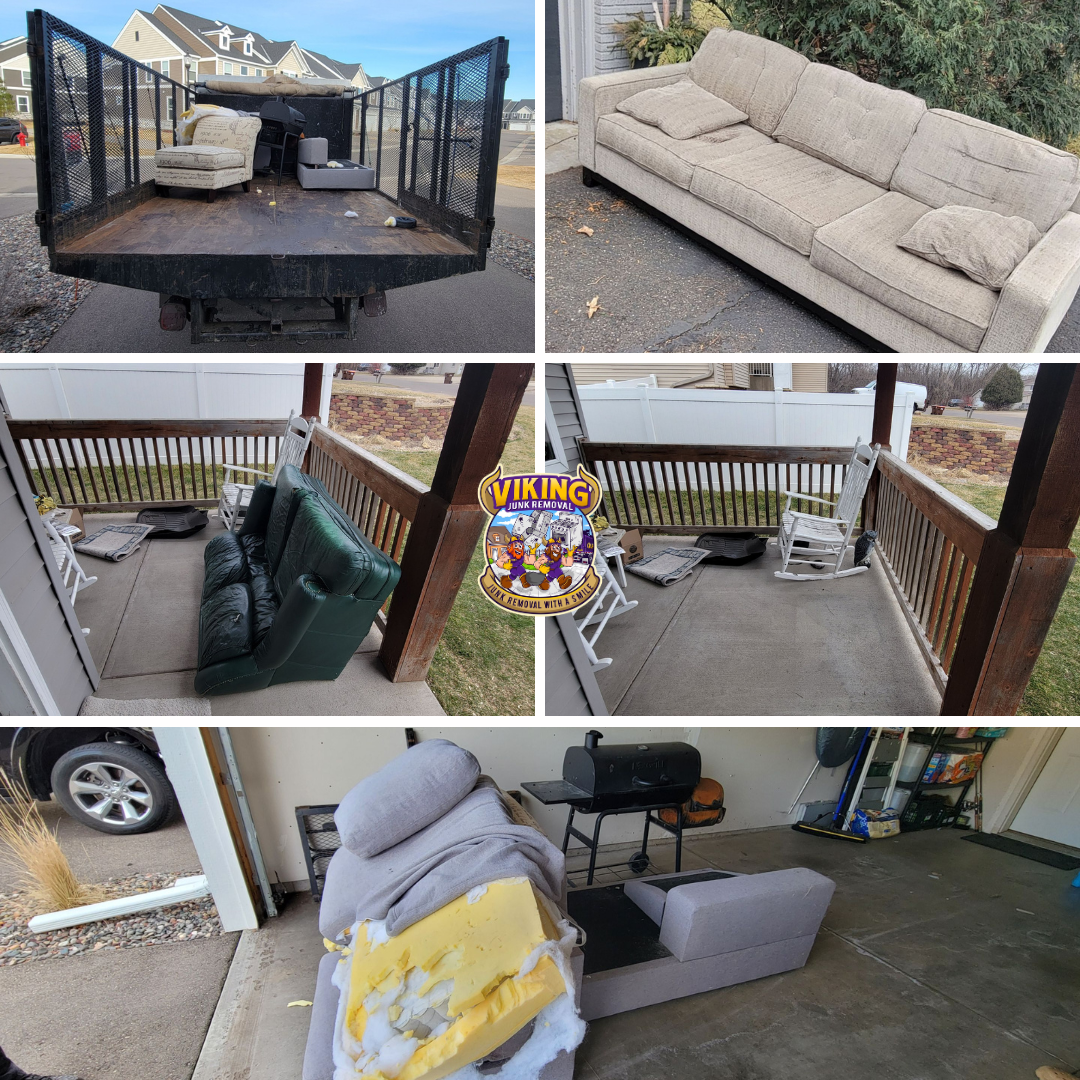 A collage of pictures of a couch , chairs , and a dumpster.