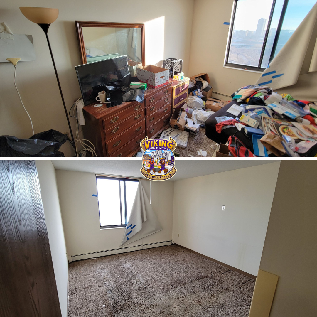 A before and after photo of a messy bedroom.
