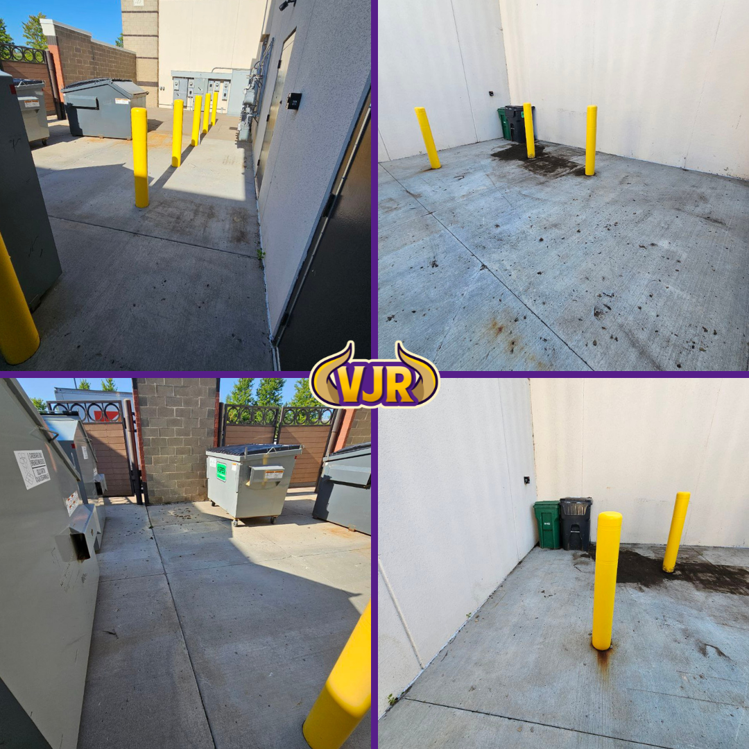 A collage of four pictures of a parking lot with a vjr logo
