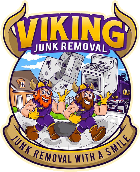 A logo for viking junk removal with two vikings carrying appliances.