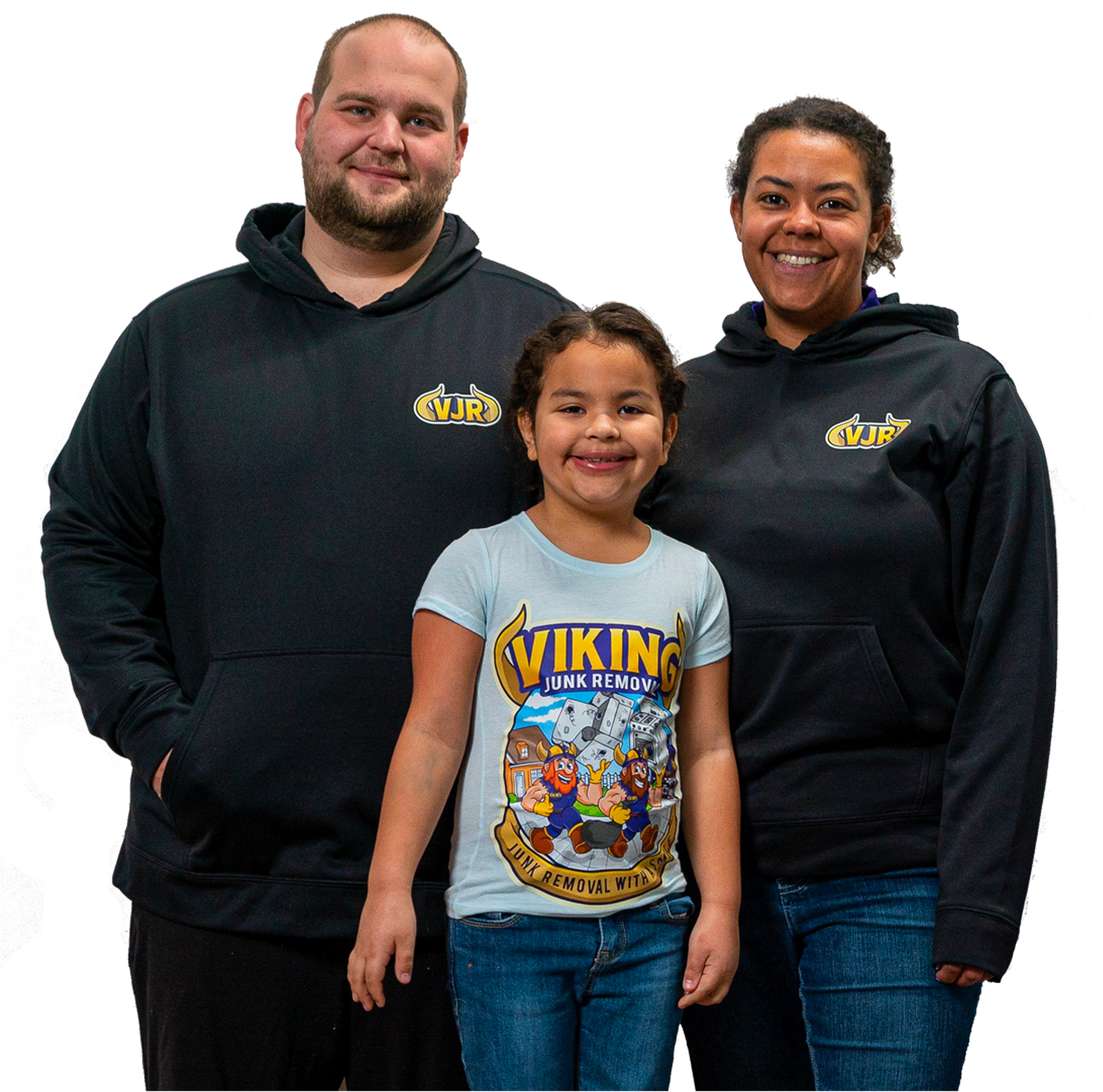 A man and woman standing next to a little girl wearing a viking shirt