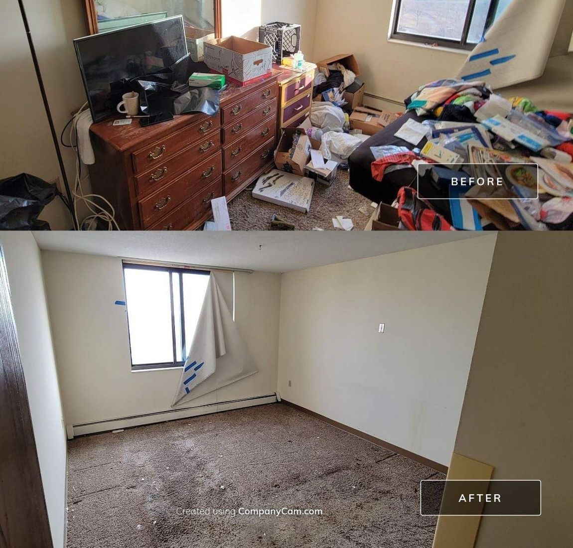 A before and after photo of a messy bedroom.