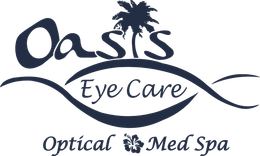 Oasis Eye Care logo with palm tree and wave, reading &ldquo;Optical&rdquo; and &ldquo;Med Spa&rdquo;