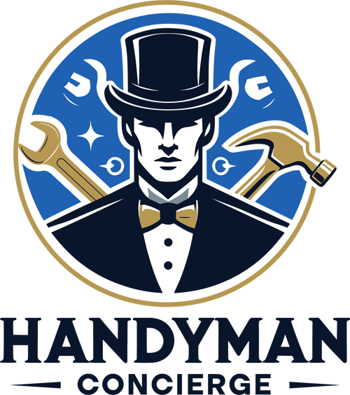 The logo for handyman concierge shows a man in a top hat and bow tie surrounded by tools.