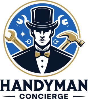 The logo for handyman concierge shows a man in a top hat and bow tie surrounded by tools.