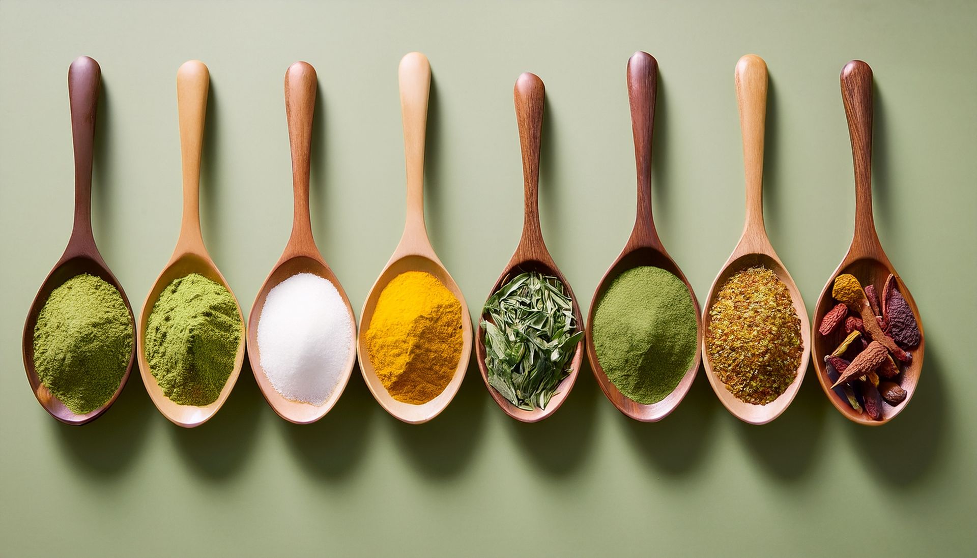 Eight wooden spoons holding colorful spices on a green background