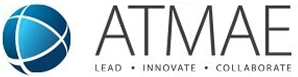 ATMAE logo: a blue globe icon with curved white lines next to the text 