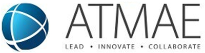 ATMAE logo: a blue globe icon with curved white lines next to the text 