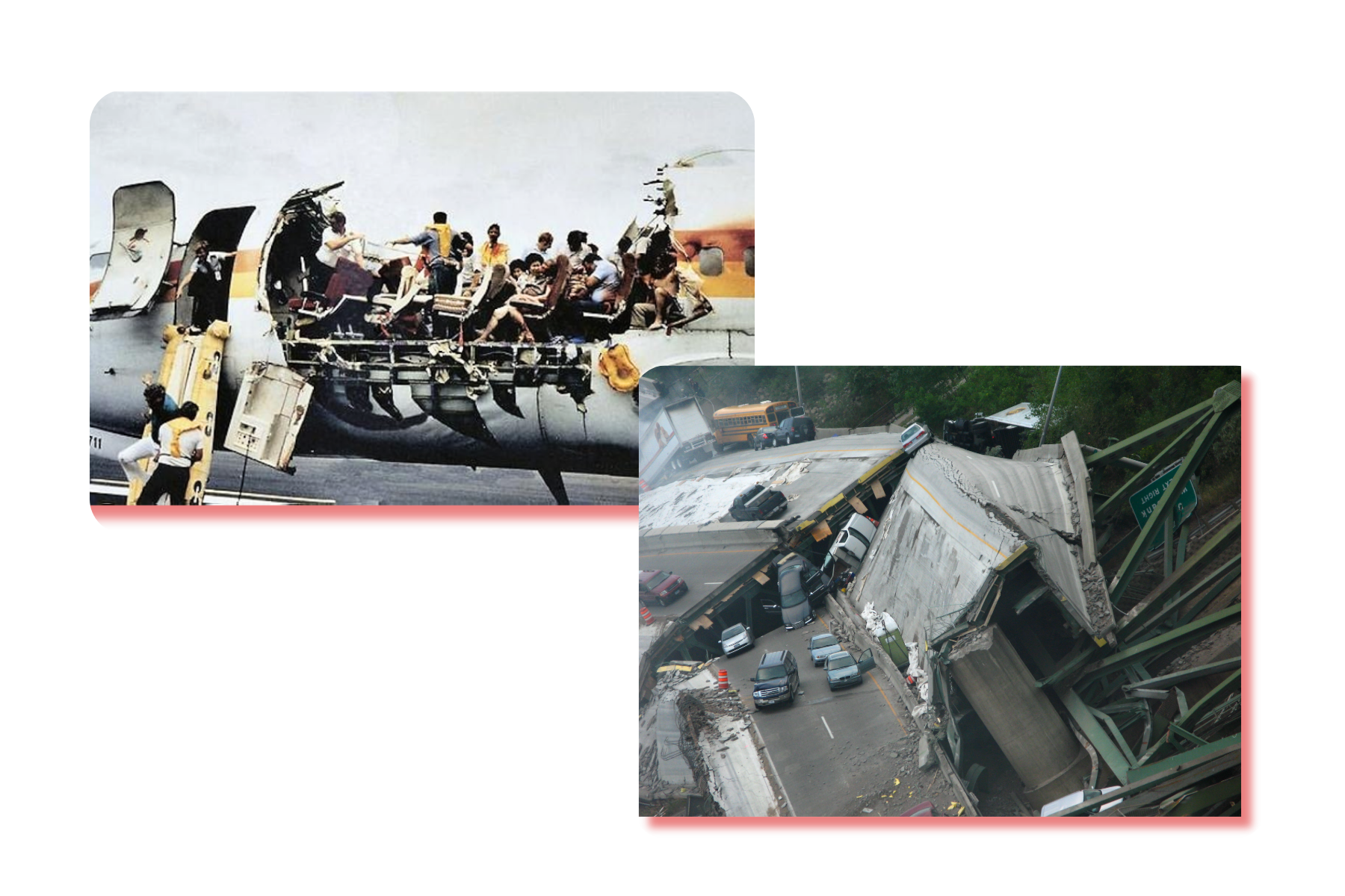 A collage showing a damaged aircraft fuselage with passengers visible and a collapsed section of a bridge over a road.