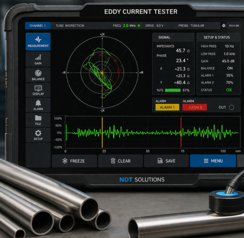 An eddy current tester device displaying a signal readout with metal tubes on a surface in the foreground.