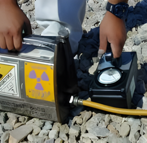 A person uses a radiation gauge with a hazard warning symbol and an analog display while working on a rocky surface.
