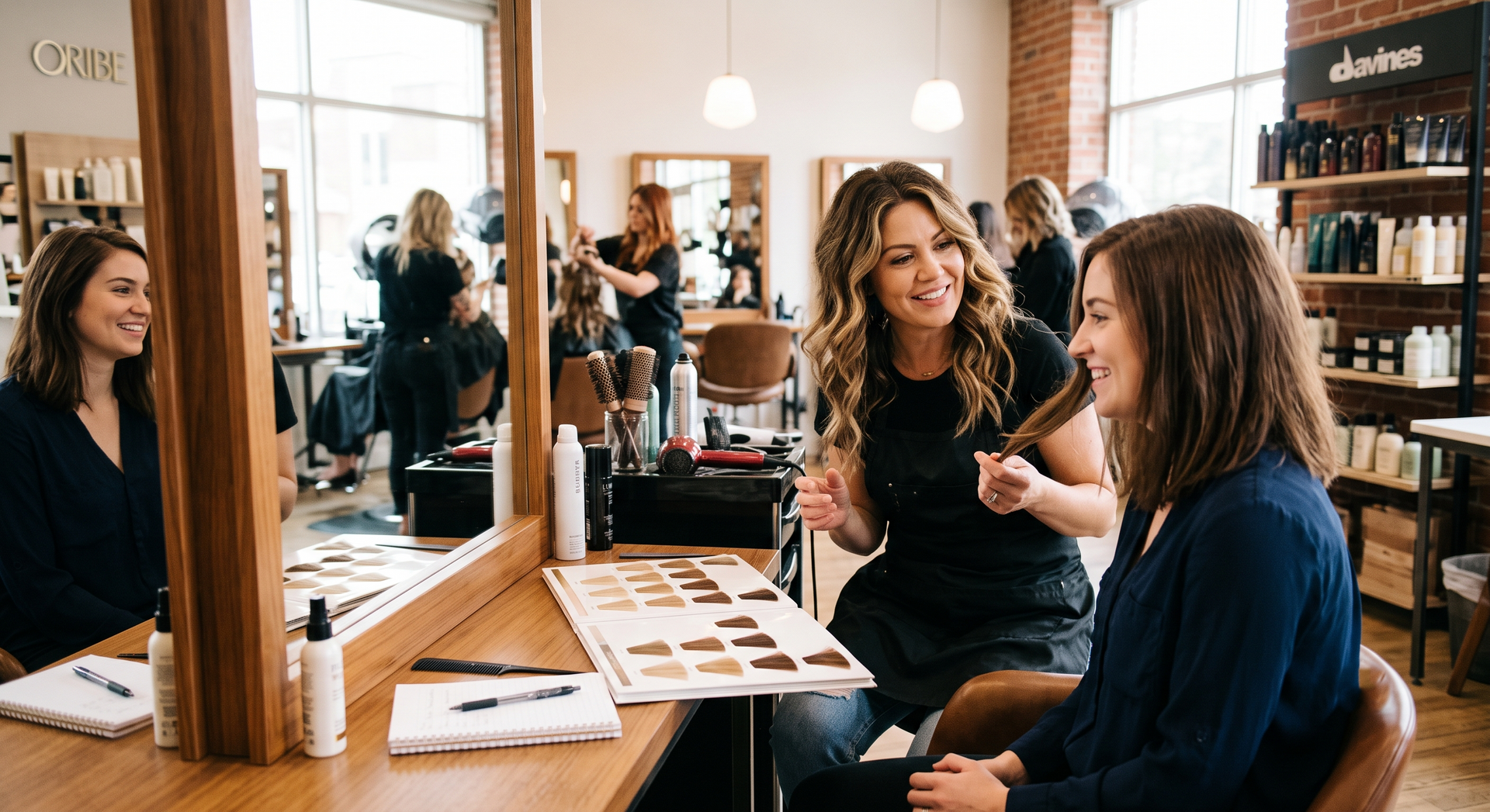 Three women chatting in a salon beside a mirror and makeup display