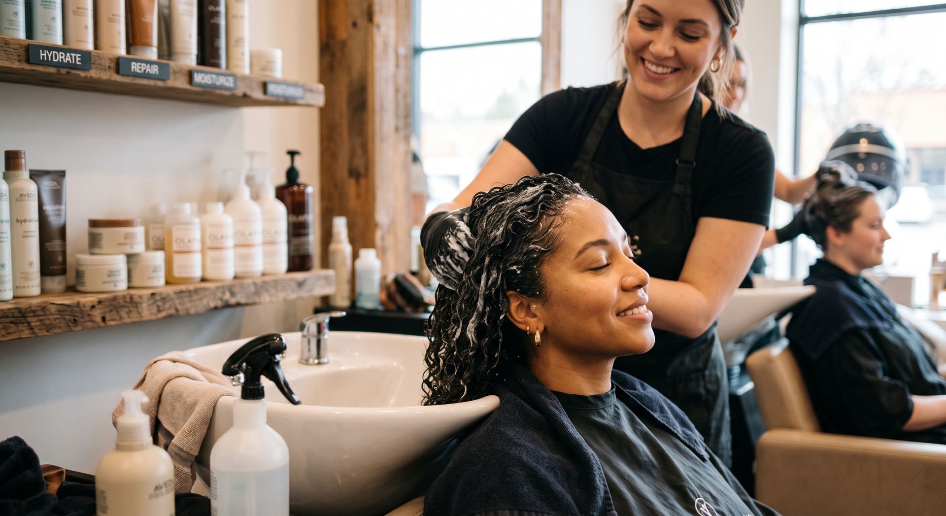 Woman washing a client’s hair at a salon sink, with bottles on shelves in the background