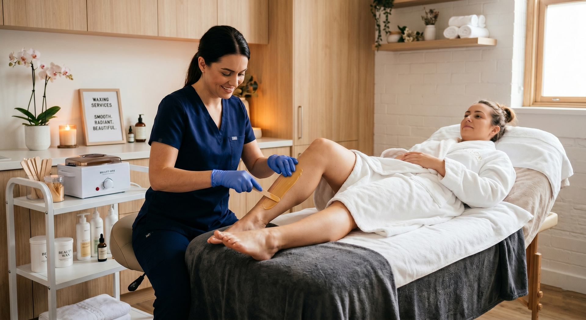 Caregiver massaging a reclining client's leg in a spa treatment room