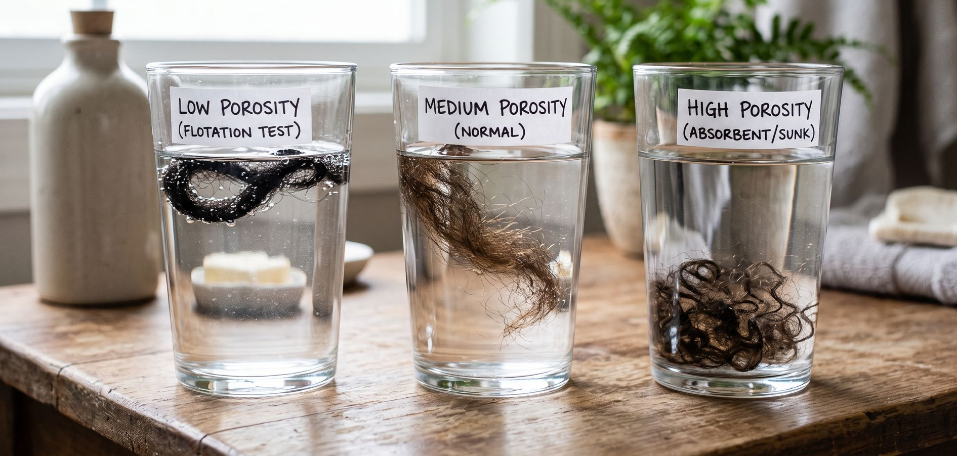 Three jars labeled with different water purity tests on a wooden table