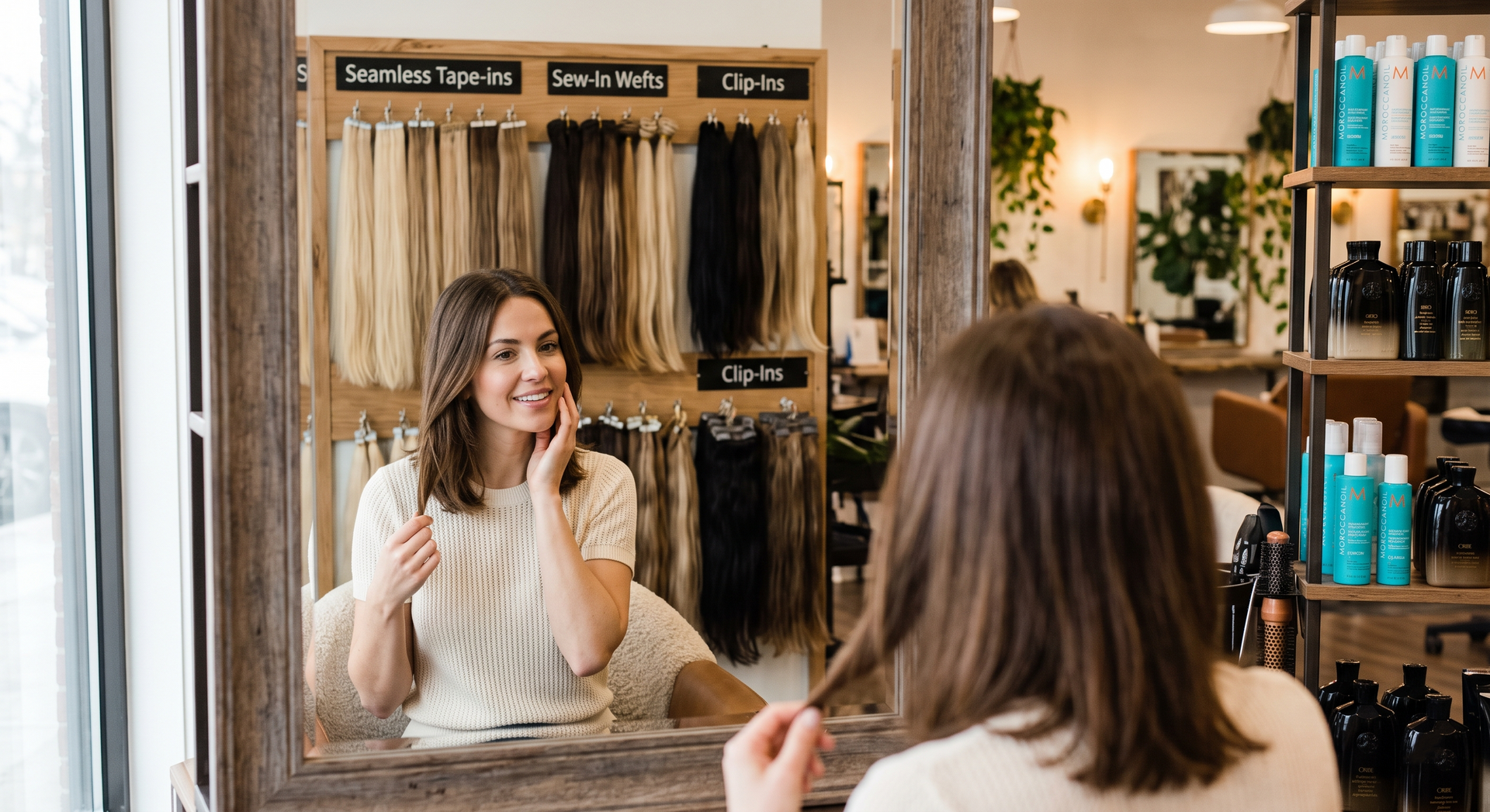 Woman smiling in a salon mirror, holding a styling tool with hair products and shelves behind her