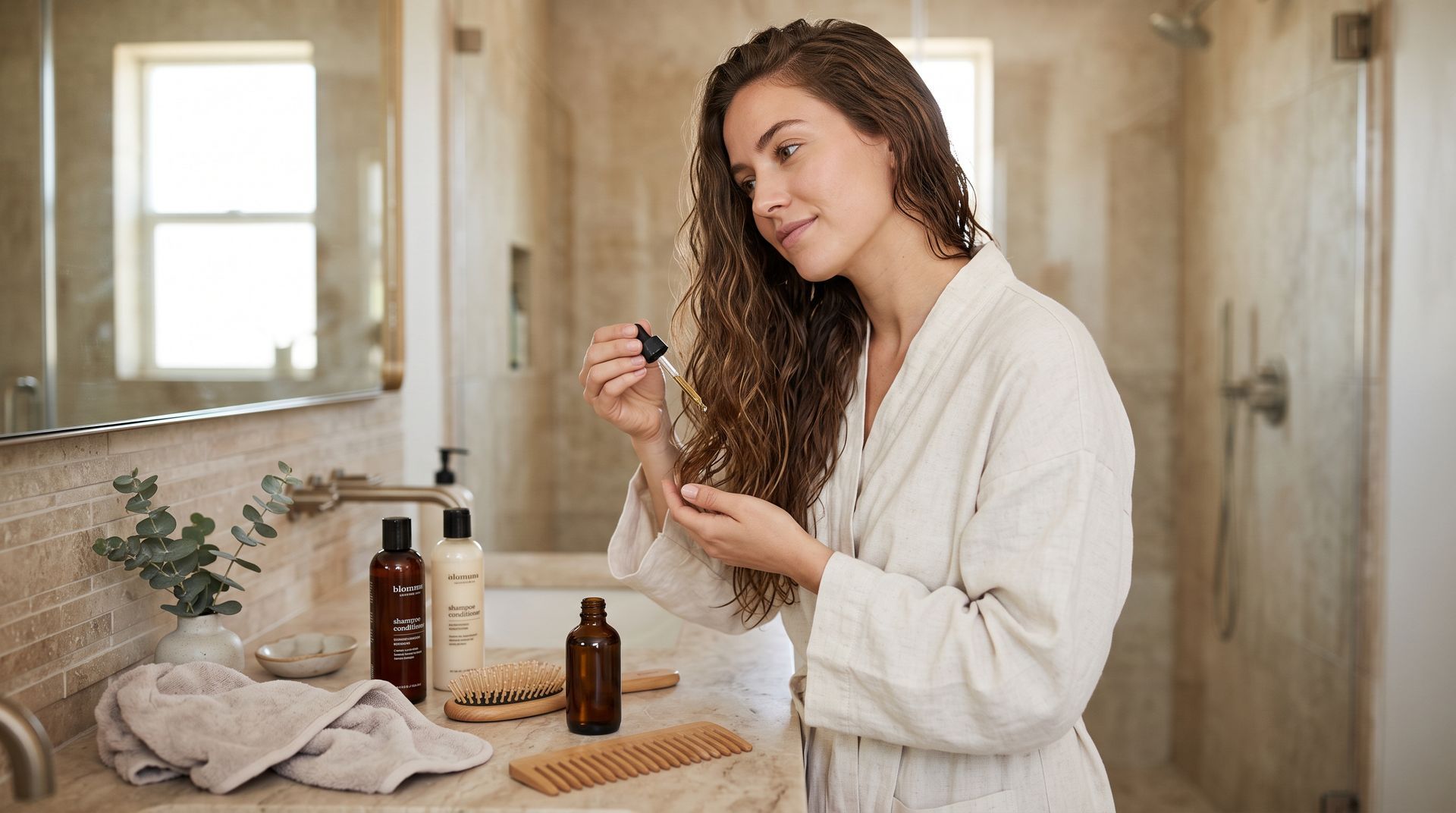 Woman in a white robe applying skincare in a bright bathroom beside jars, bottles, and towels.
