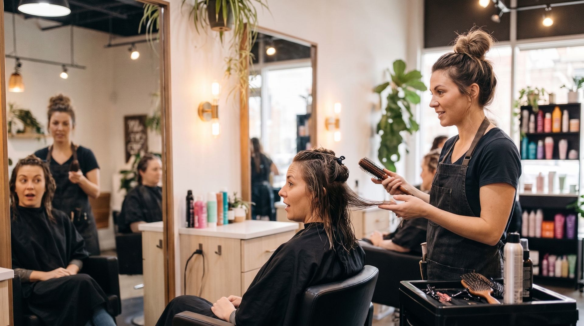 Hair stylist styling a client in a modern salon, with another stylist and mirror reflections nearby