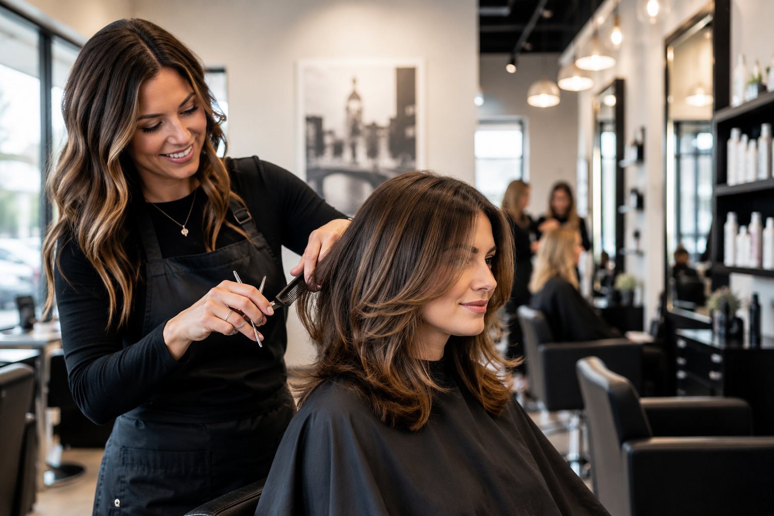 Stylist cutting a woman's hair in a modern salon, with mirrors and other clients in the background