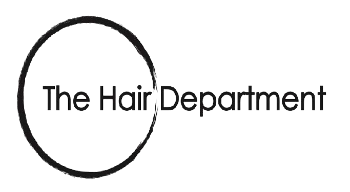 Logo for "The Hair Department," with text inside a black, uneven circle.