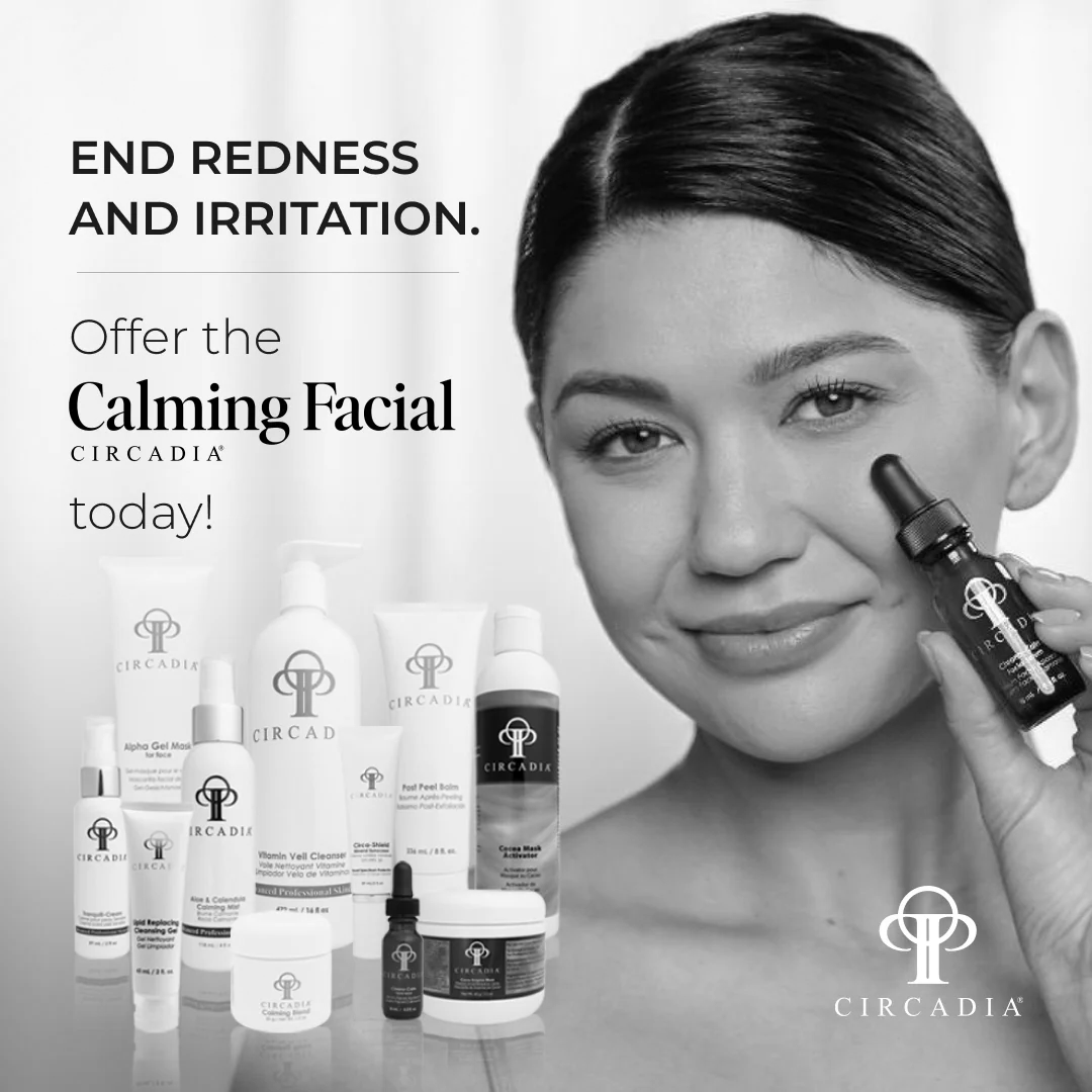 Woman holding skincare product, smiling. Products laid out. Text: