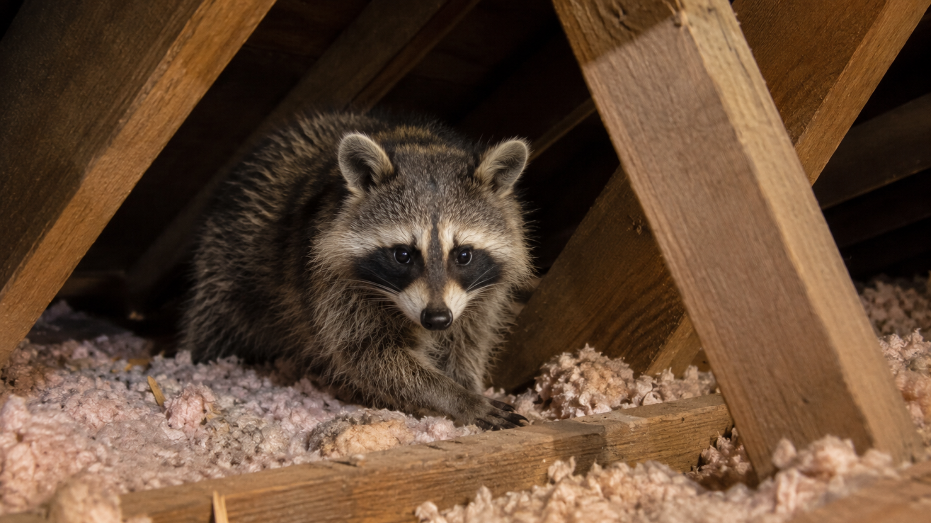 Raccoon peeking out from under wooden beams in a dusty attic or crawlspace