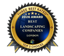 Gold-and-black award badge reading “2026 Best Landscaping Companies London” with “Three Best Rated” and “Top 3 Choices”