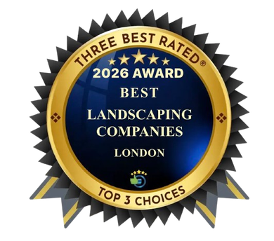 Gold and navy award badge reading “2026 Award Best Landscaping Companies London, Top 3 Choices”
