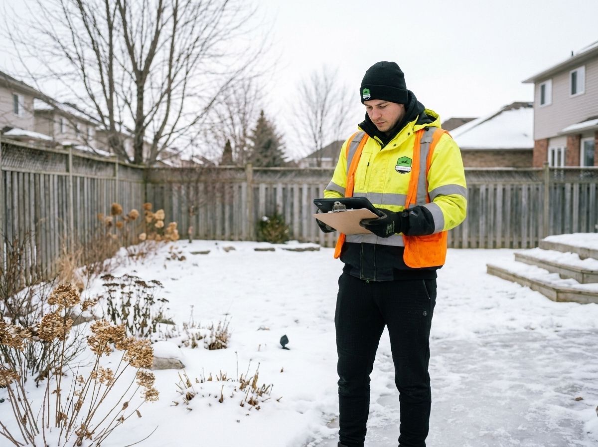Worker in yellow safety vest checking a tablet in a snowy backyard.