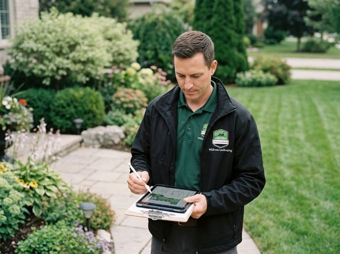 Man writing on a clipboard in a landscaped garden, wearing a dark jacket and polo shirt.