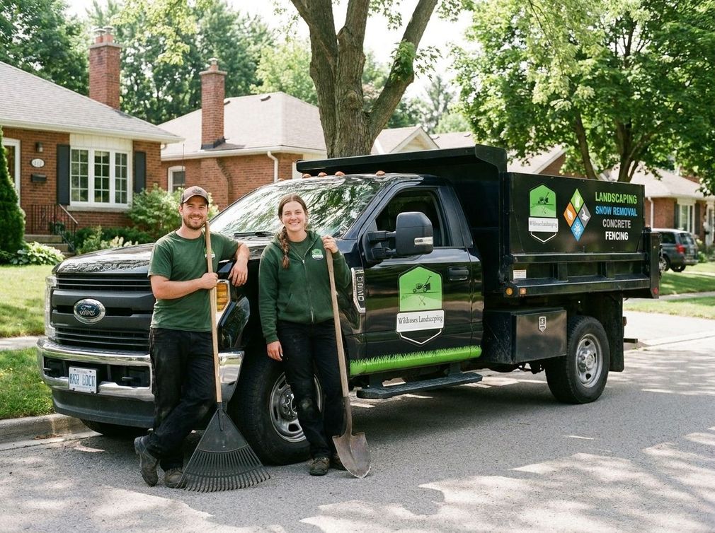 Two workers stand beside a black service truck in a leafy residential driveway with a brick house behind them